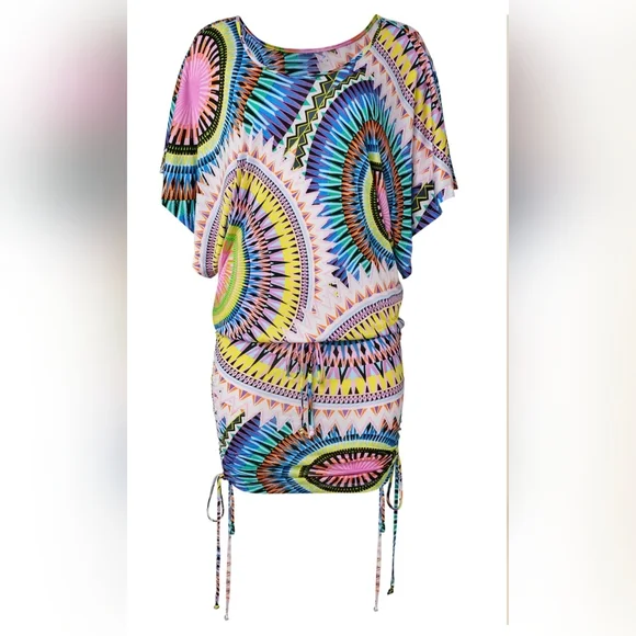 Lascana Venus Convertible Mini Dress XL Cover Up Drawstring Ruching Boho Tribal - Picture 2 of 15